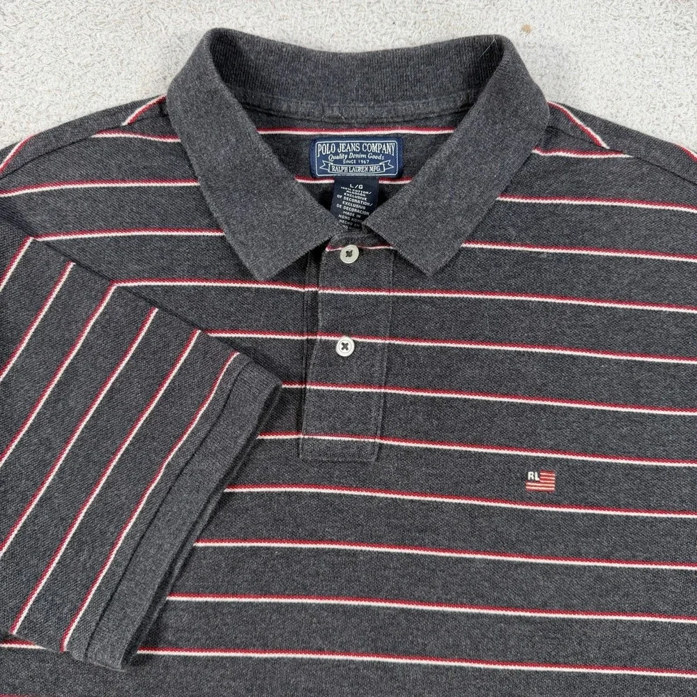Ralph Lauren Polo Jeans Co Shirt Mens Large Grey Red Striped USA Flag Cotton